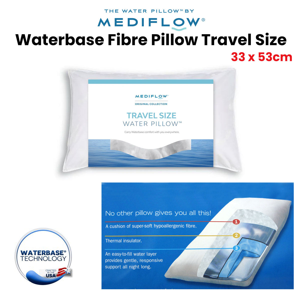 Mediflow Travel Size Waterbase Fibre Pillow 33 x 53 cm V442-ABR-PILLOW-TRAVELWATER-WHITE-RE