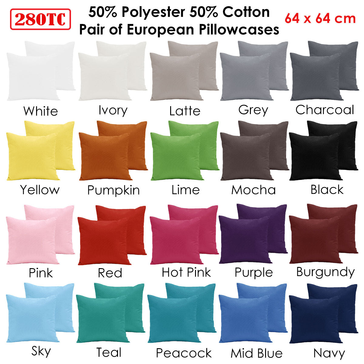 Pair of 280TC Polyester Cotton European Pillowcases Purple V442-ABR-PILLOWC-280TCPAIR-PURPLE-EU