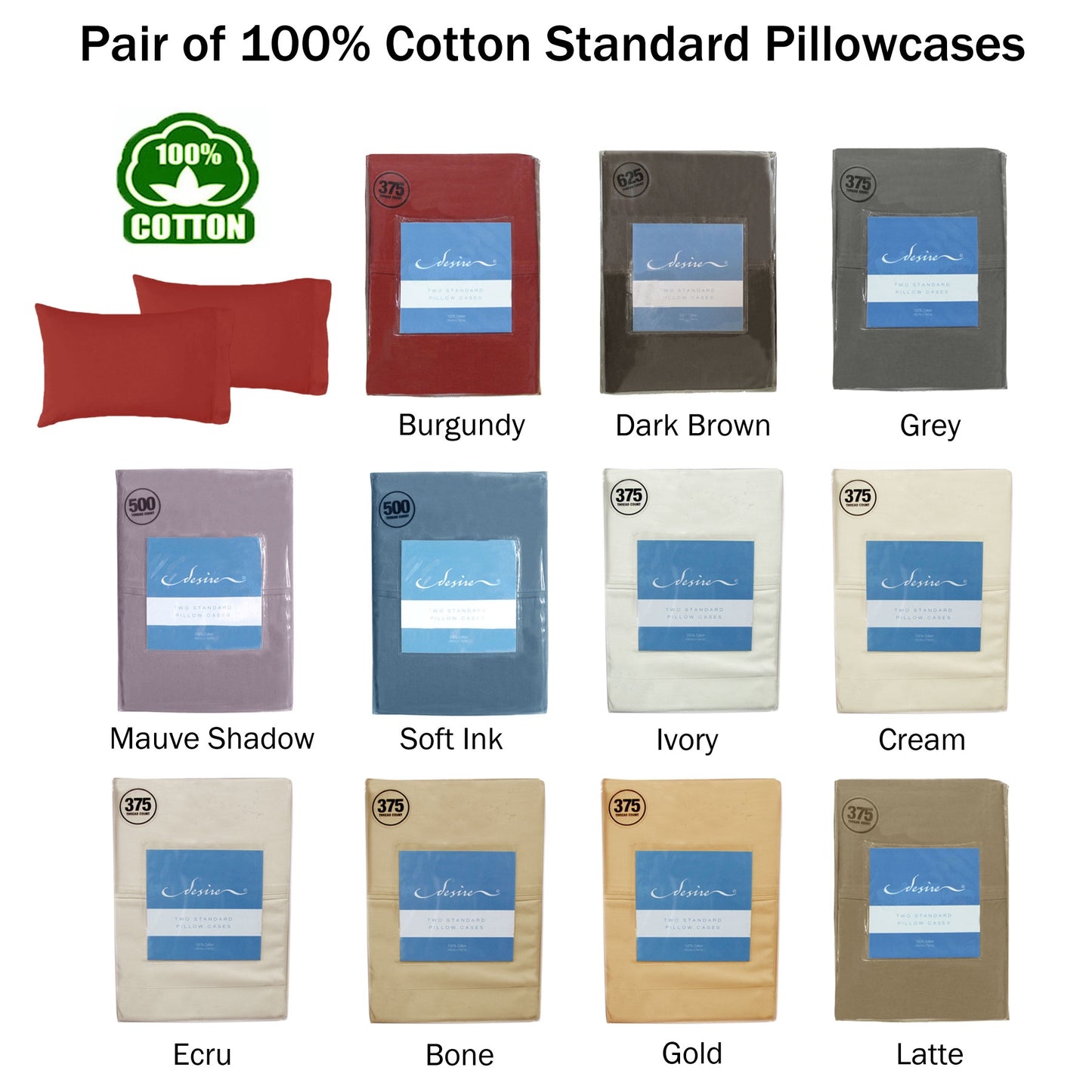 Pair of Cotton Standard Pillowcases 375TC Latte V442-ABR-PILLOWC-375TCCOTTON-LATTE-ST