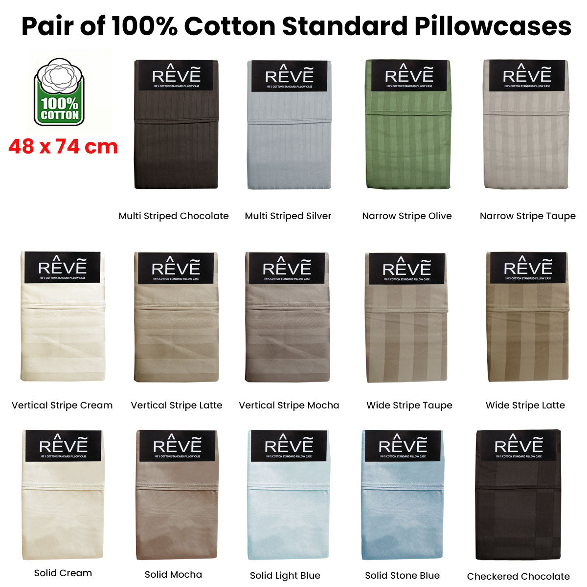 Pair of Reve 100% Cotton Standard Pillowcases 48 x 74 cm Multistripe Chocolate V442-ABR-PILLOWC-PAIRREVESTRIPE-CHOCOLATE-ST