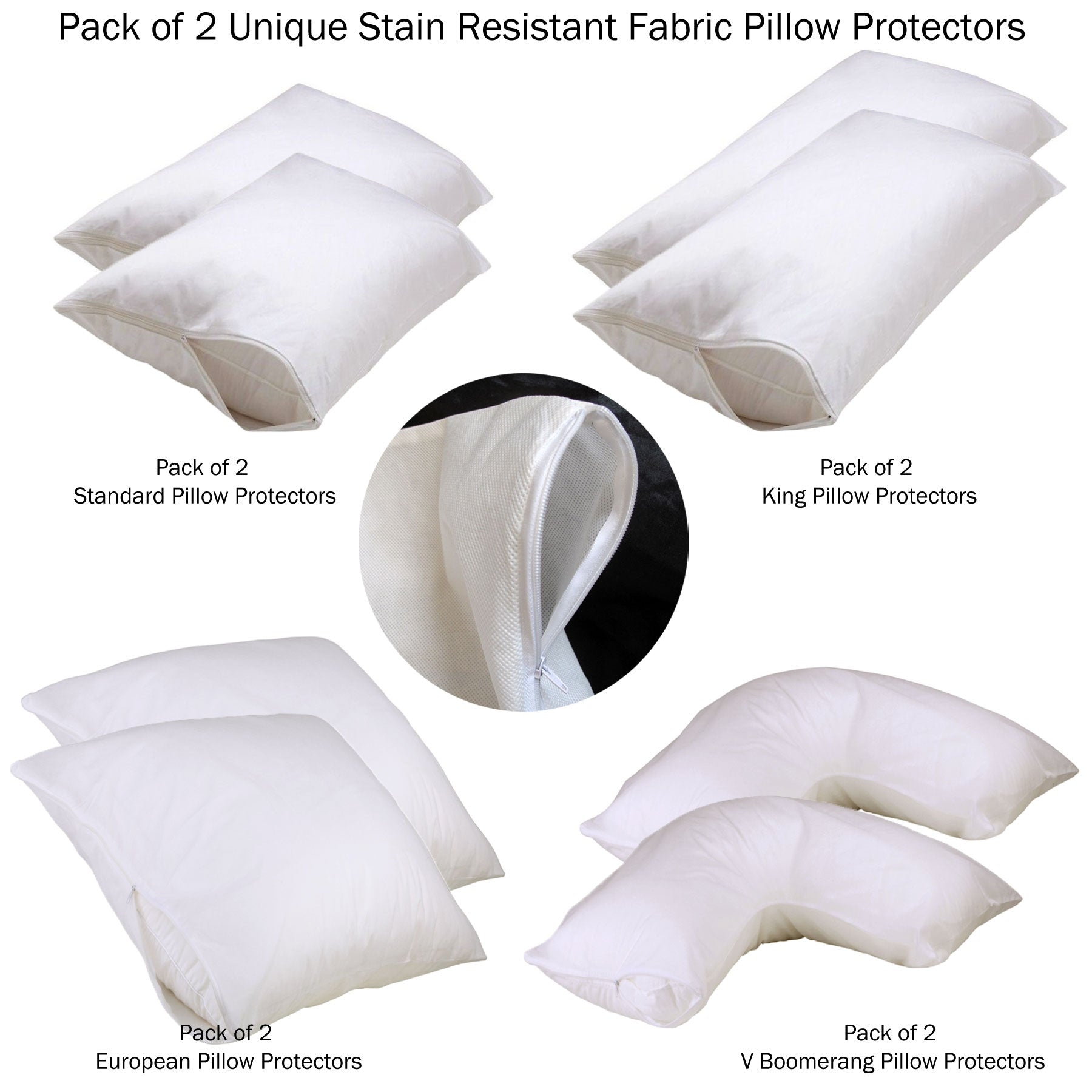 Set of 2 Stain Resistant Pillow Protectors V Boomerang V442-ABR-PILLOWP-SETOF2STAINRESISTANT-WHITE-TR