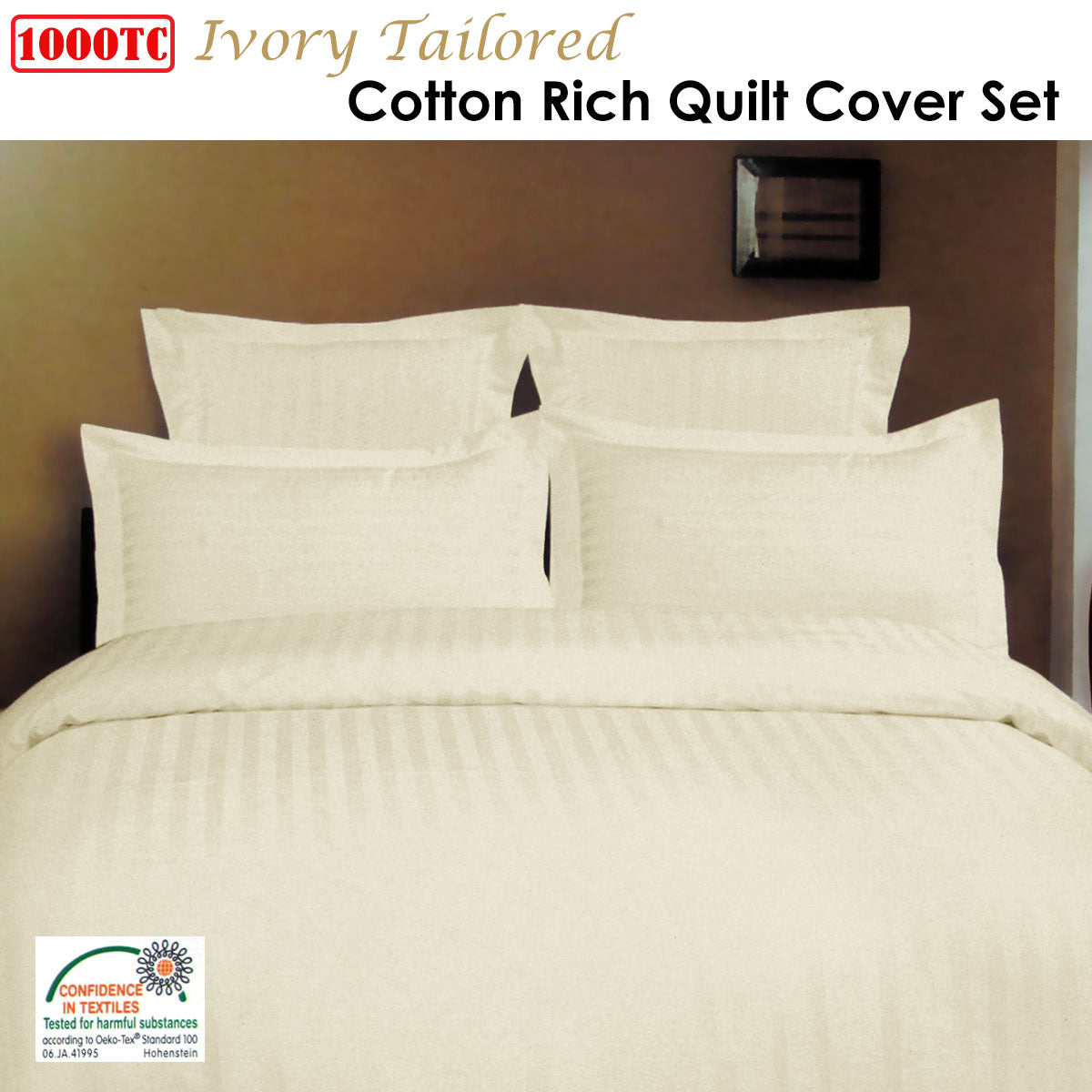 1000TC Self Striped Tailored Quilt Cover Set Ivory King V442-ABR-QUILTCS-1000TCTAILORED-IVORY-KI