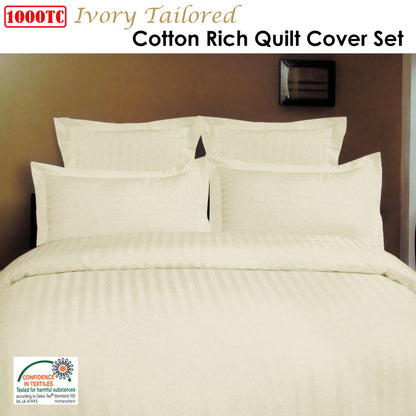 1000TC Self Striped Tailored Quilt Cover Set Ivory King V442-ABR-QUILTCS-1000TCTAILORED-IVORY-KI