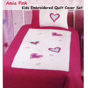 Amia Hearts Embroidered Quilt Cover Set Single V442-ABR-QUILTCS-AMIA-PINK-SB