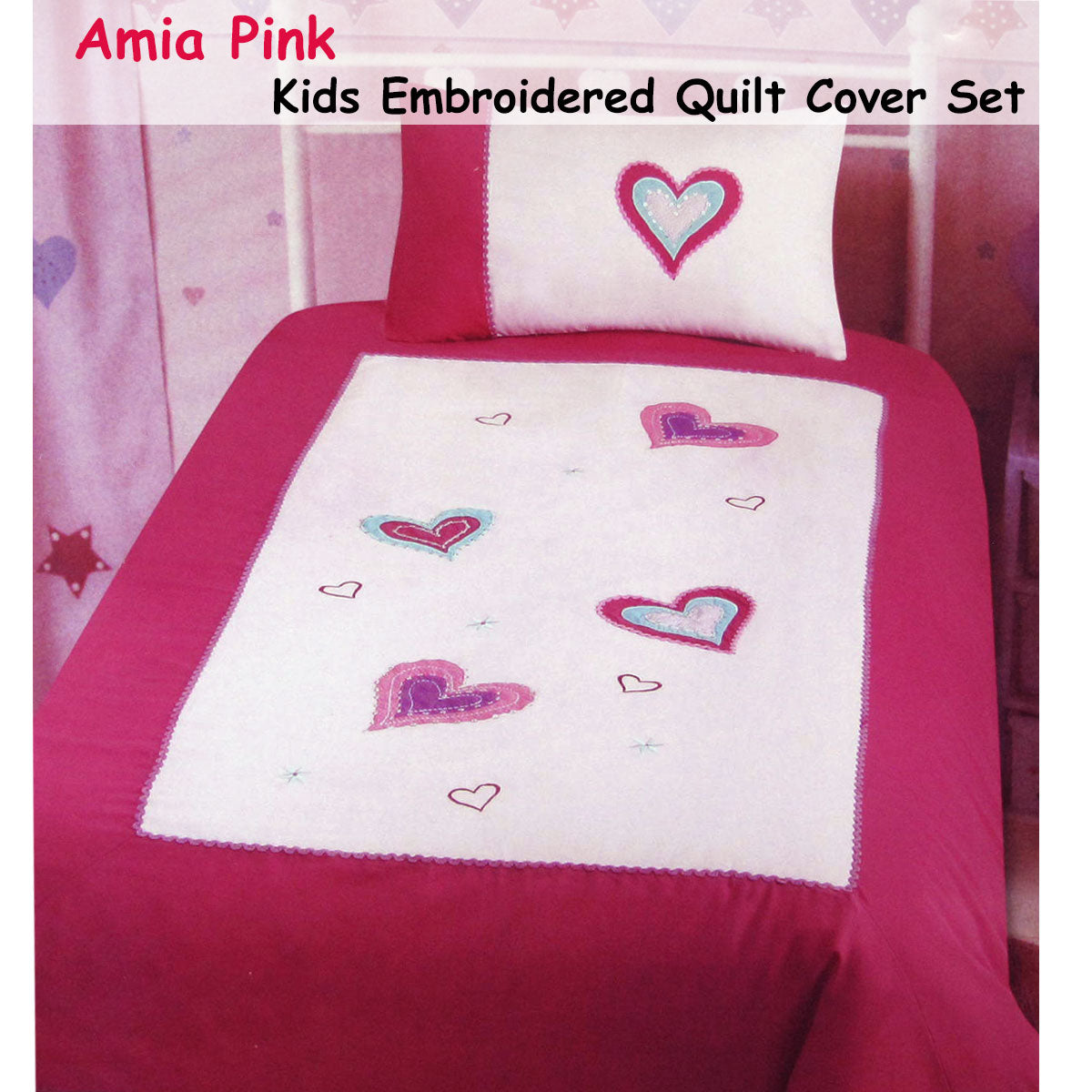 Amia Hearts Embroidered Quilt Cover Set Single V442-ABR-QUILTCS-AMIA-PINK-SB