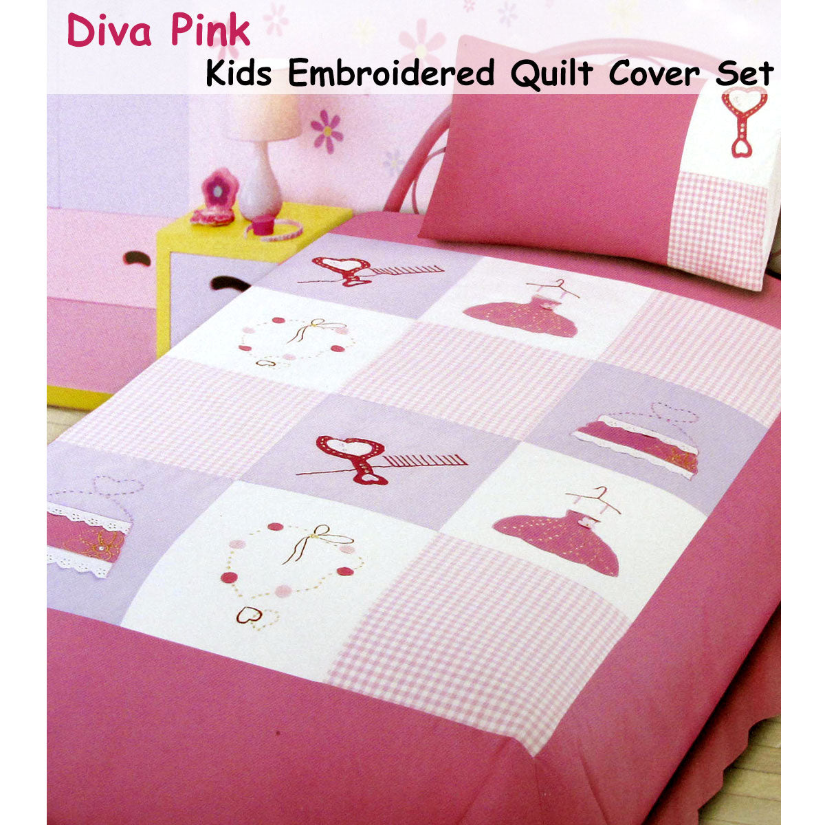 Diva Girls Accessories Embroidered Quilt Cover Set Single V442-ABR-QUILTCS-DIVA-PINK-SB