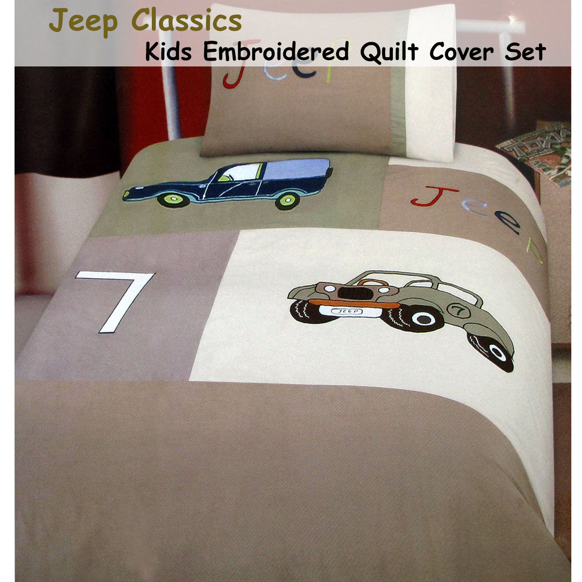 Jeep Classics Embroidered Quilt Cover Set Single V442-ABR-QUILTCS-JEEPCLASSICS-BROWN-SB