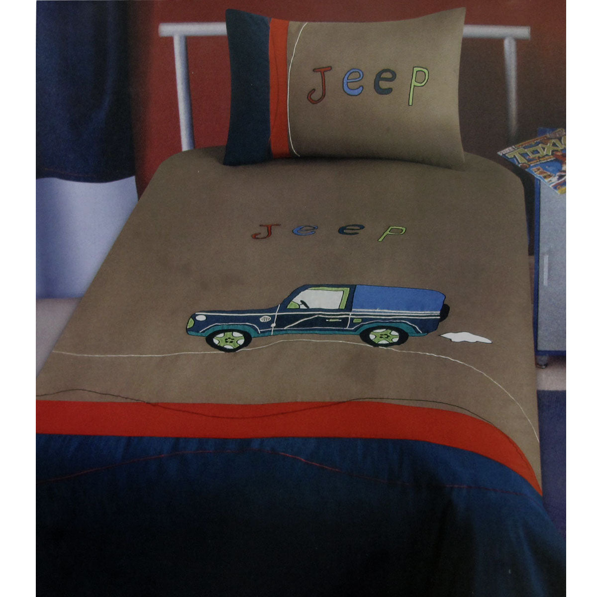 Jeep Wrangler Embroidered Quilt Cover Set Single V442-ABR-QUILTCS-JEEPWRANGLER-BROWN-SB