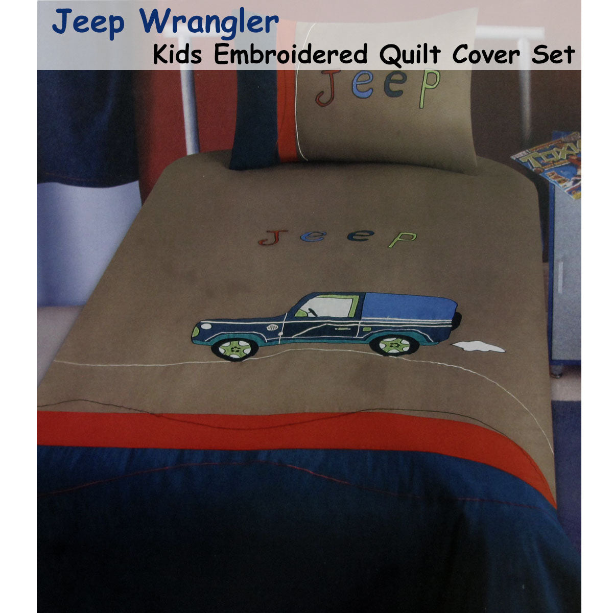 Jeep Wrangler Embroidered Quilt Cover Set Single V442-ABR-QUILTCS-JEEPWRANGLER-BROWN-SB