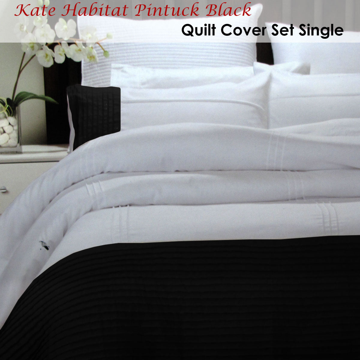 Pintuck Black Quilt Cover Set Single V442-ABR-QUILTCS-PINTUCK-BLACK-SB