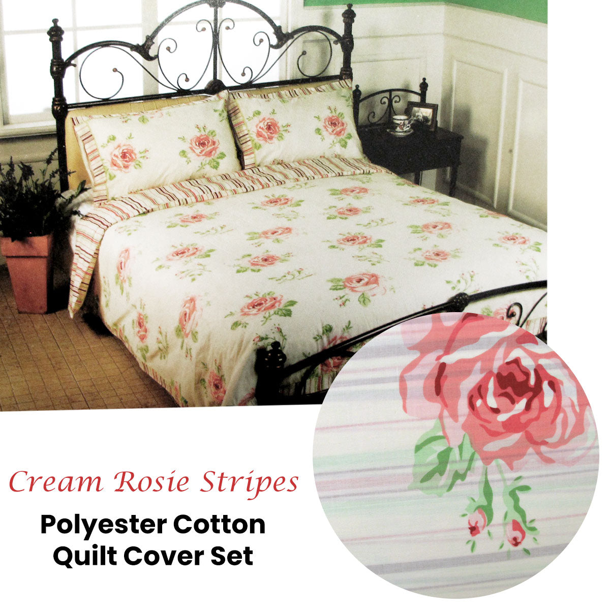 Cream Rosie Stripes Polyester Cotton Quilt Cover Set Queen V442-ABR-QUILTCS-ROSIESTRIPES-CREAM-QS