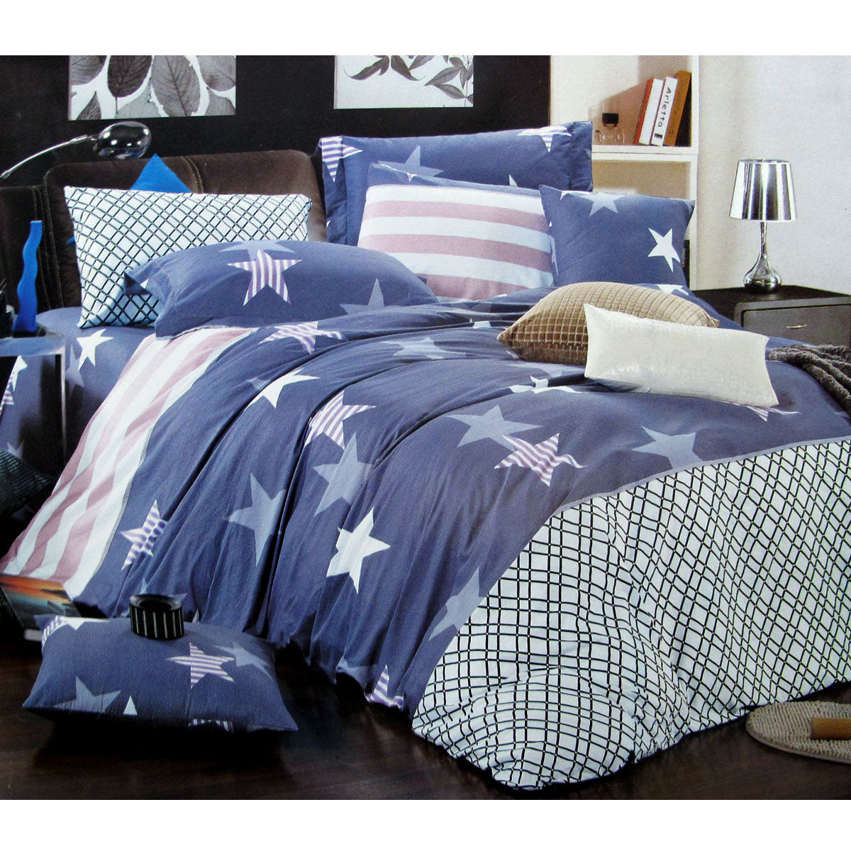 310TC Starry Love Cotton Printed Quilt Cover Set Single V442-ABR-QUILTCS-STARRYLOVE-BLUE-SB