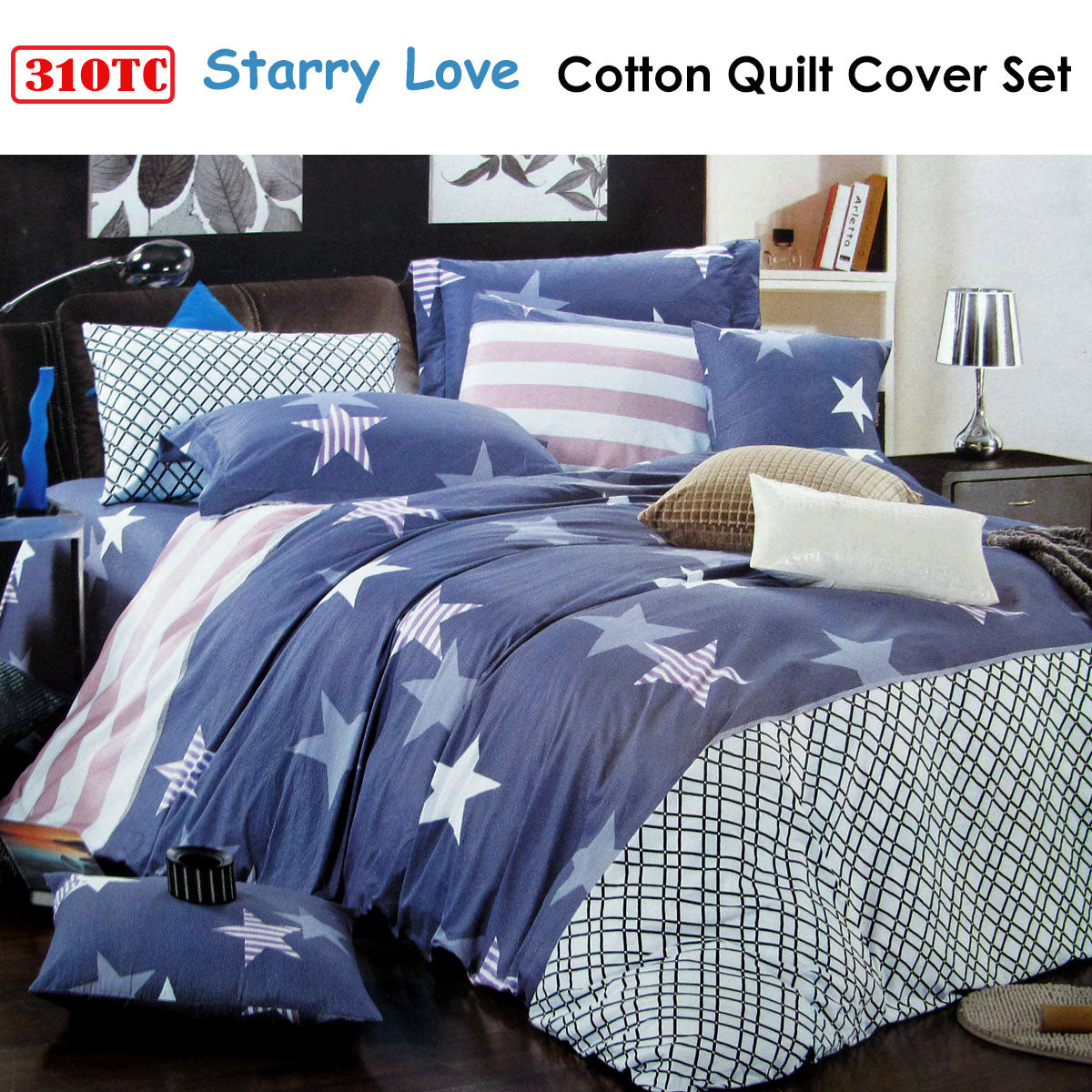 310TC Starry Love Cotton Printed Quilt Cover Set Single V442-ABR-QUILTCS-STARRYLOVE-BLUE-SB