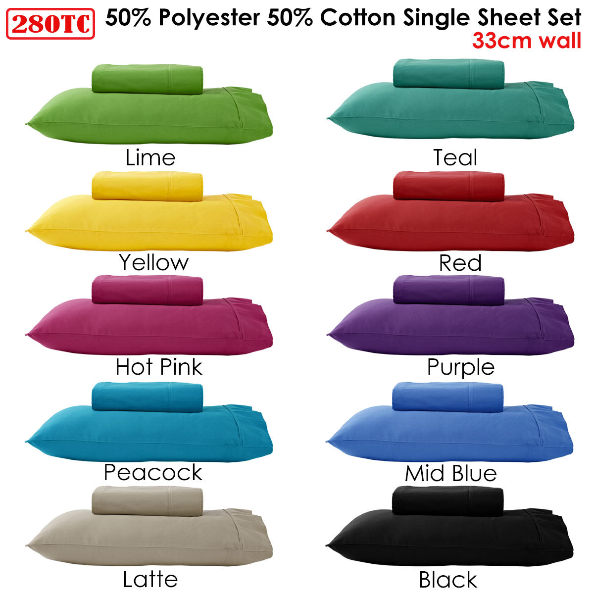 280TC 50% Polyester 50% Cotton Sheet Set Single Red V442-ABR-SHEETS-280TCPOLYCOTTON-RED-SB