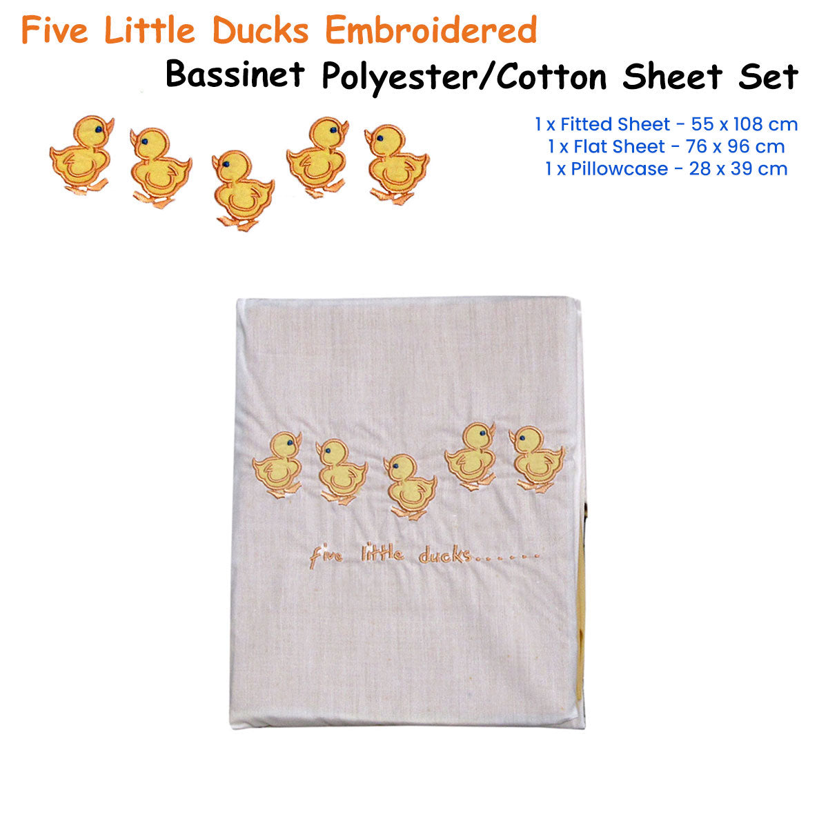 Five Little Ducks Embroidered Polyester Cotton Bassinet Size Sheet Set V442-ABR-SHEETS-FIVELITTLEDUCKS-WHITE-BASSINET