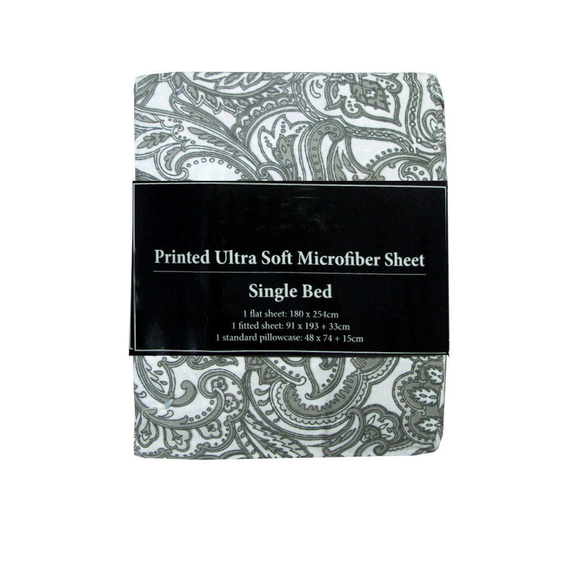 Printed Microfiber Sheet Set Single Grey Paisley V442-ABR-SHEETS-PAISLEY-GREY-SB