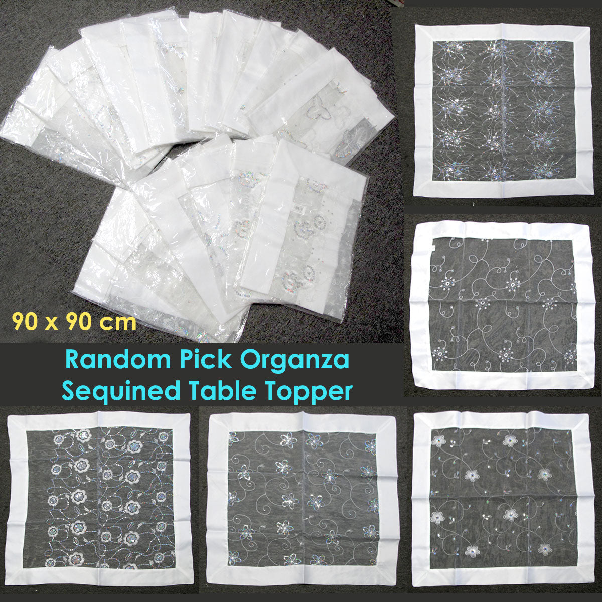 White Sequined Organza Glitter Table Cloth Topper 90 x 90 cm V442-ABR-TABLEC-RANDOMTOPPER-WHITE-SQ
