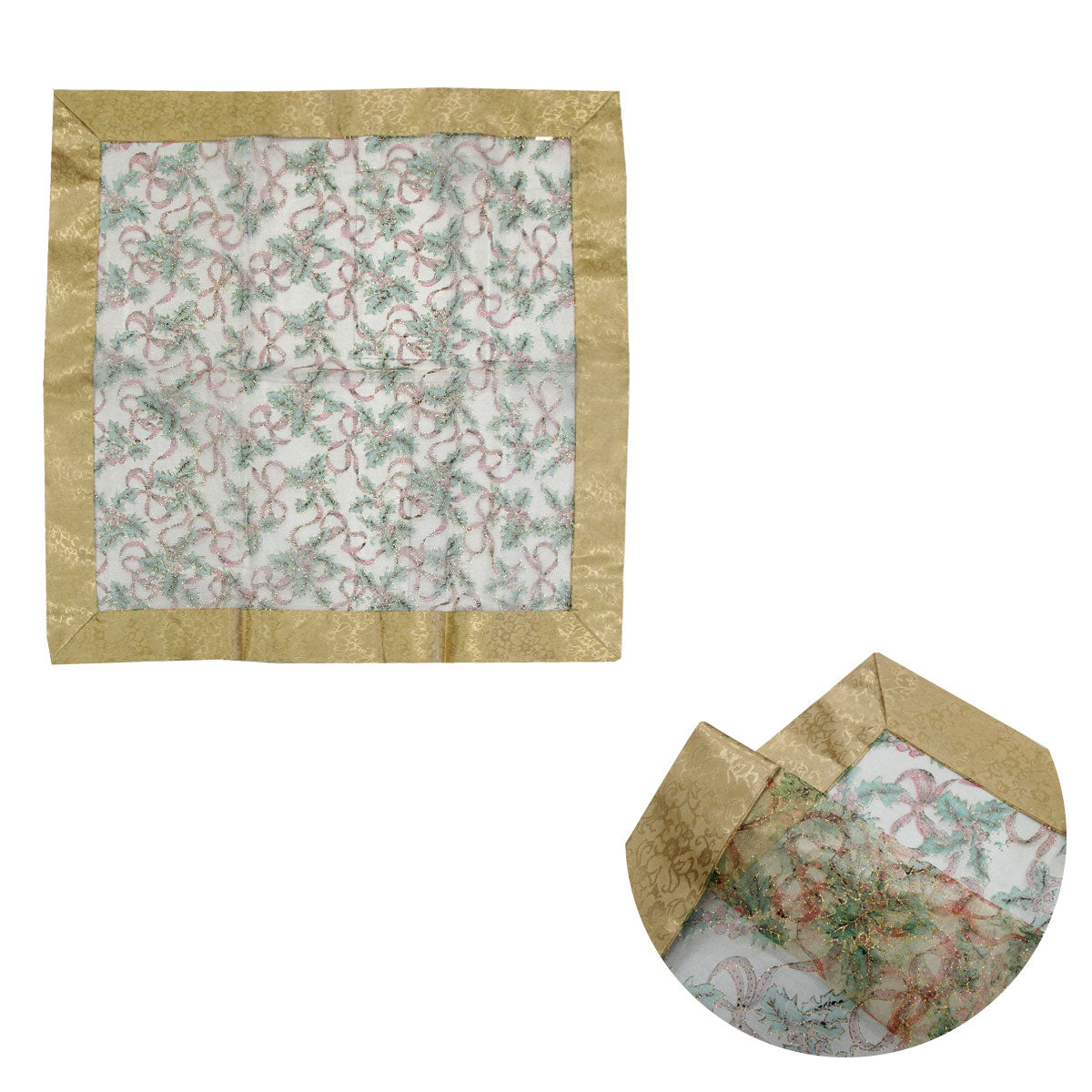 Christmas Gold Bows Sheer Organza Glitter Table Cloth Topper 90 x 90 cm V442-ABR-TABLEC-TOPPERBOWS-GOLD-SQ