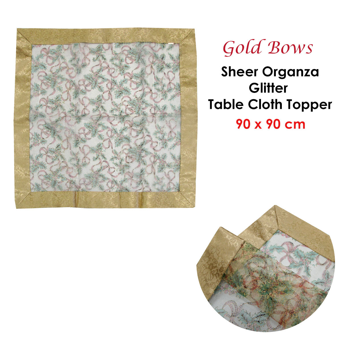 Christmas Gold Bows Sheer Organza Glitter Table Cloth Topper 90 x 90 cm V442-ABR-TABLEC-TOPPERBOWS-GOLD-SQ