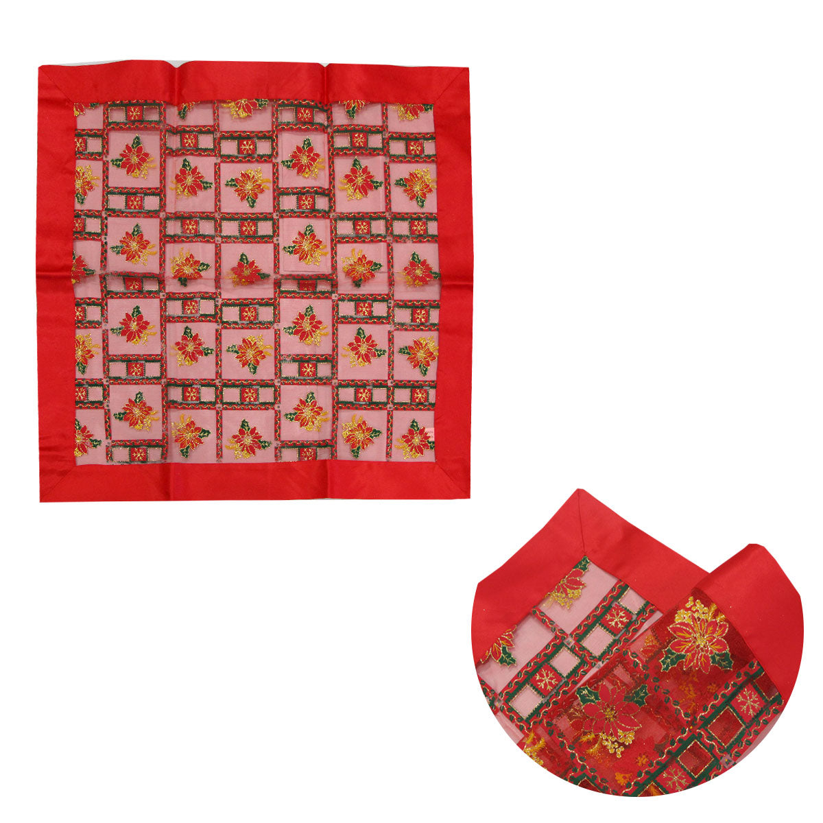 Christmas Red Festival Floral Sheer Organza Glitter Table Cloth Topper 90 x 90 cm V442-ABR-TABLEC-TOPPERFESTIVALFLORAL-RED-SQ