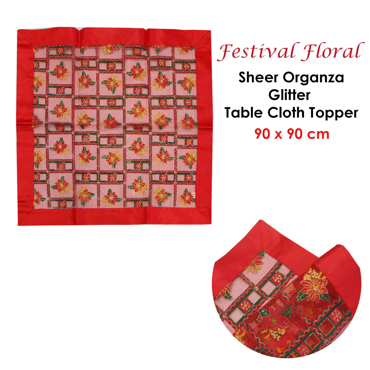 Christmas Red Festival Floral Sheer Organza Glitter Table Cloth Topper 90 x 90 cm V442-ABR-TABLEC-TOPPERFESTIVALFLORAL-RED-SQ