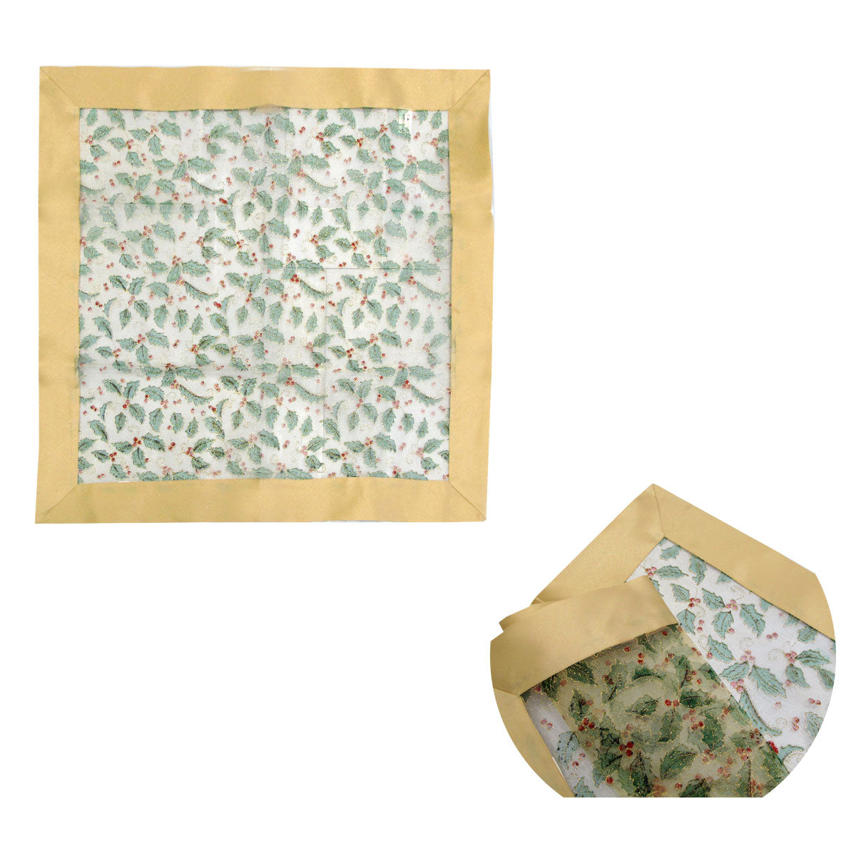 Christmas Gold Holly Sheer Organza Glitter Table Cloth Topper 90 x 90 cm V442-ABR-TABLEC-TOPPERHOLLY-GOLD-SQ