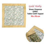Christmas Gold Holly Sheer Organza Glitter Table Cloth Topper 90 x 90 cm V442-ABR-TABLEC-TOPPERHOLLY-GOLD-SQ