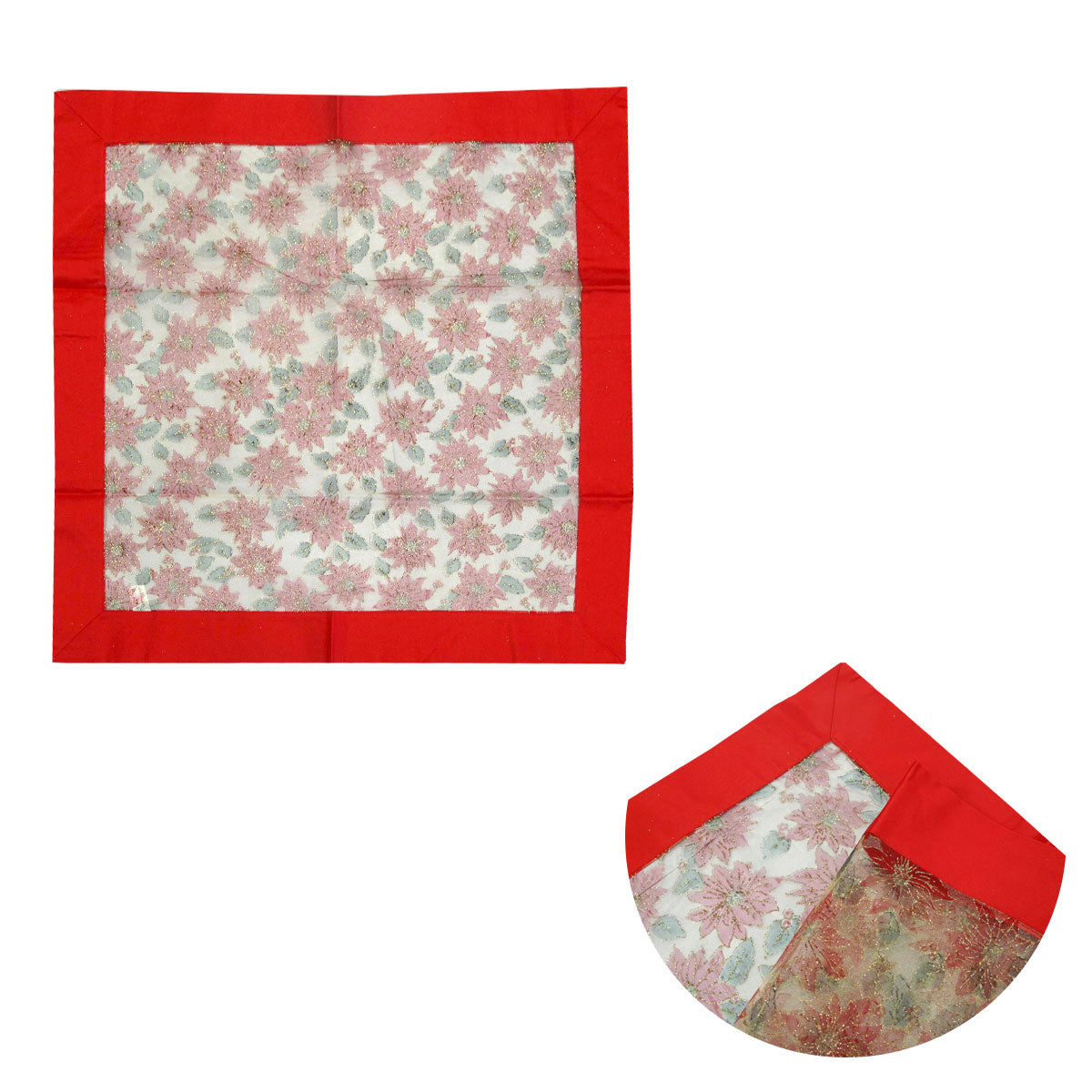 Christmas Red Joyful Floral Sheer Organza Glitter Table Cloth Topper 90 x 90 cm V442-ABR-TABLEC-TOPPERJOYFULFLORAL-RED-SQ