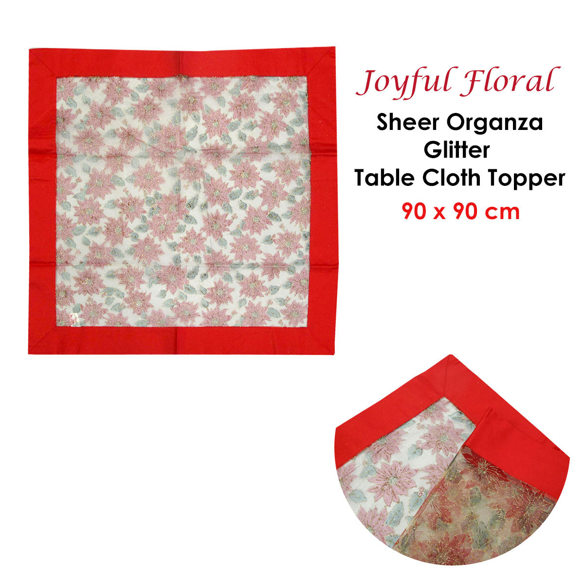 Christmas Red Joyful Floral Sheer Organza Glitter Table Cloth Topper 90 x 90 cm V442-ABR-TABLEC-TOPPERJOYFULFLORAL-RED-SQ