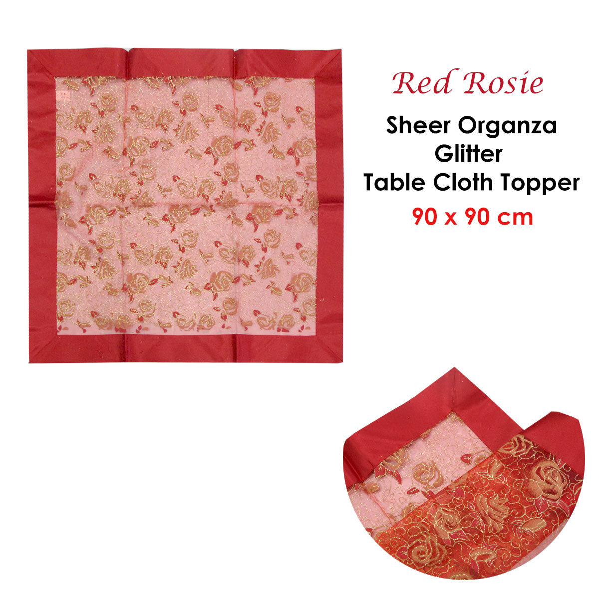 Christmas Red Rosie Sheer Organza Glitter Table Cloth Topper 90 x 90 cm V442-ABR-TABLEC-TOPPERROSIE-RED-SQ