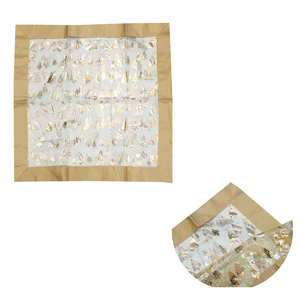 Christmas Gold Trees Sheer Organza Glitter Table Cloth Topper 90 x 90 cm V442-ABR-TABLEC-TOPPERTREES-GOLD-SQ