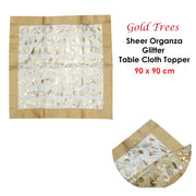 Christmas Gold Trees Sheer Organza Glitter Table Cloth Topper 90 x 90 cm V442-ABR-TABLEC-TOPPERTREES-GOLD-SQ