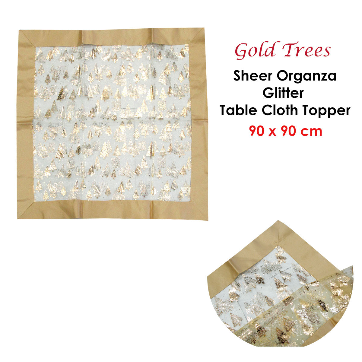 Christmas Gold Trees Sheer Organza Glitter Table Cloth Topper 90 x 90 cm V442-ABR-TABLEC-TOPPERTREES-GOLD-SQ