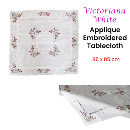 Victoriana White Applique Embroidered Table Topper 85 x 85 cm V442-ABR-TABLEC-VICTORIANA-WHITE-SQ