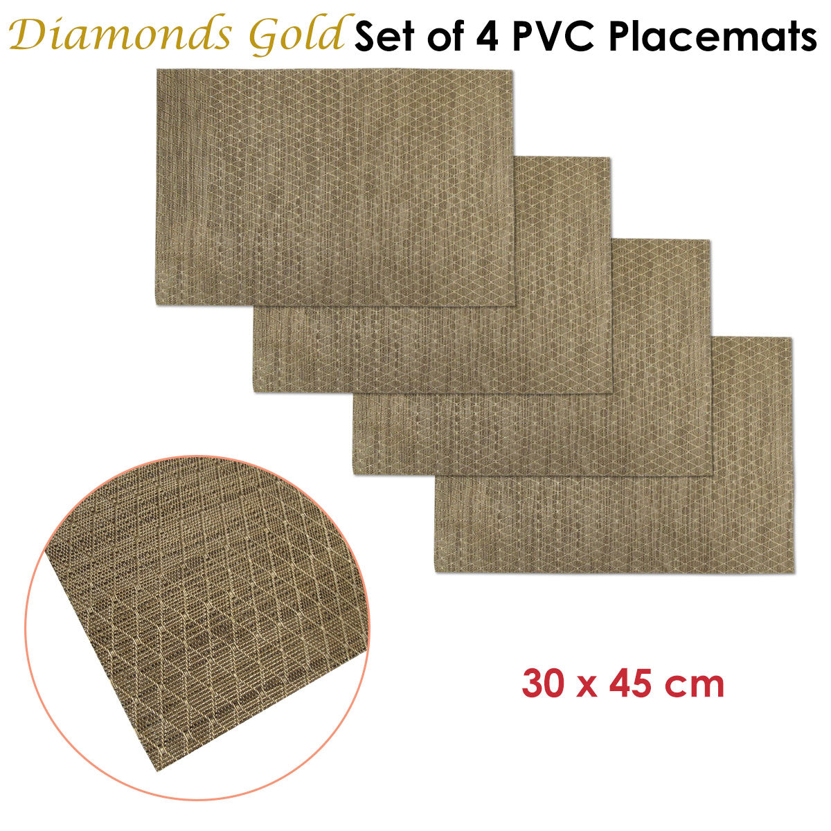 Choice Set of 4 PVC Table Placemats Diamonds Gold V442-ABR-TABLEPLACEMAT-DIAMONDS-GOLD-RE