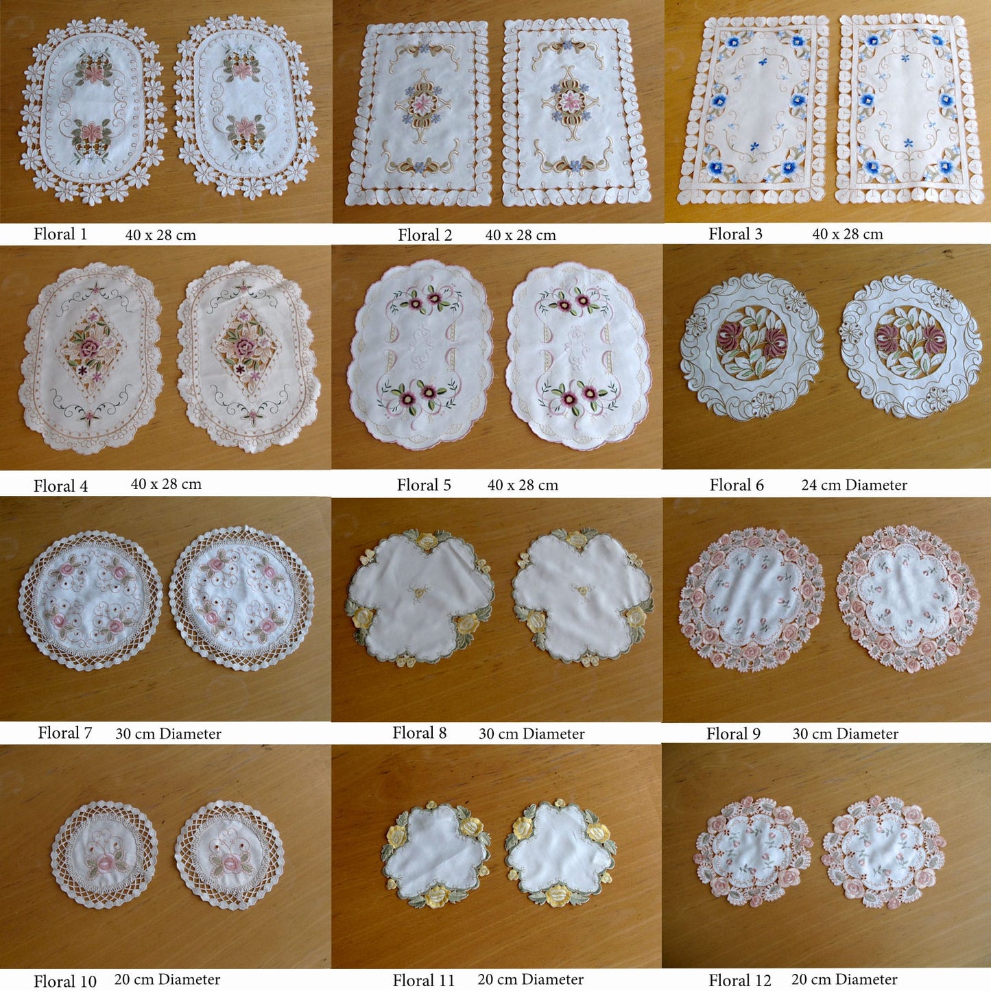 Set of 2 Embroidered Doilies Floral 10 V442-ABR-TABLEPLACEMAT-FLORAL10-CREAM-RD