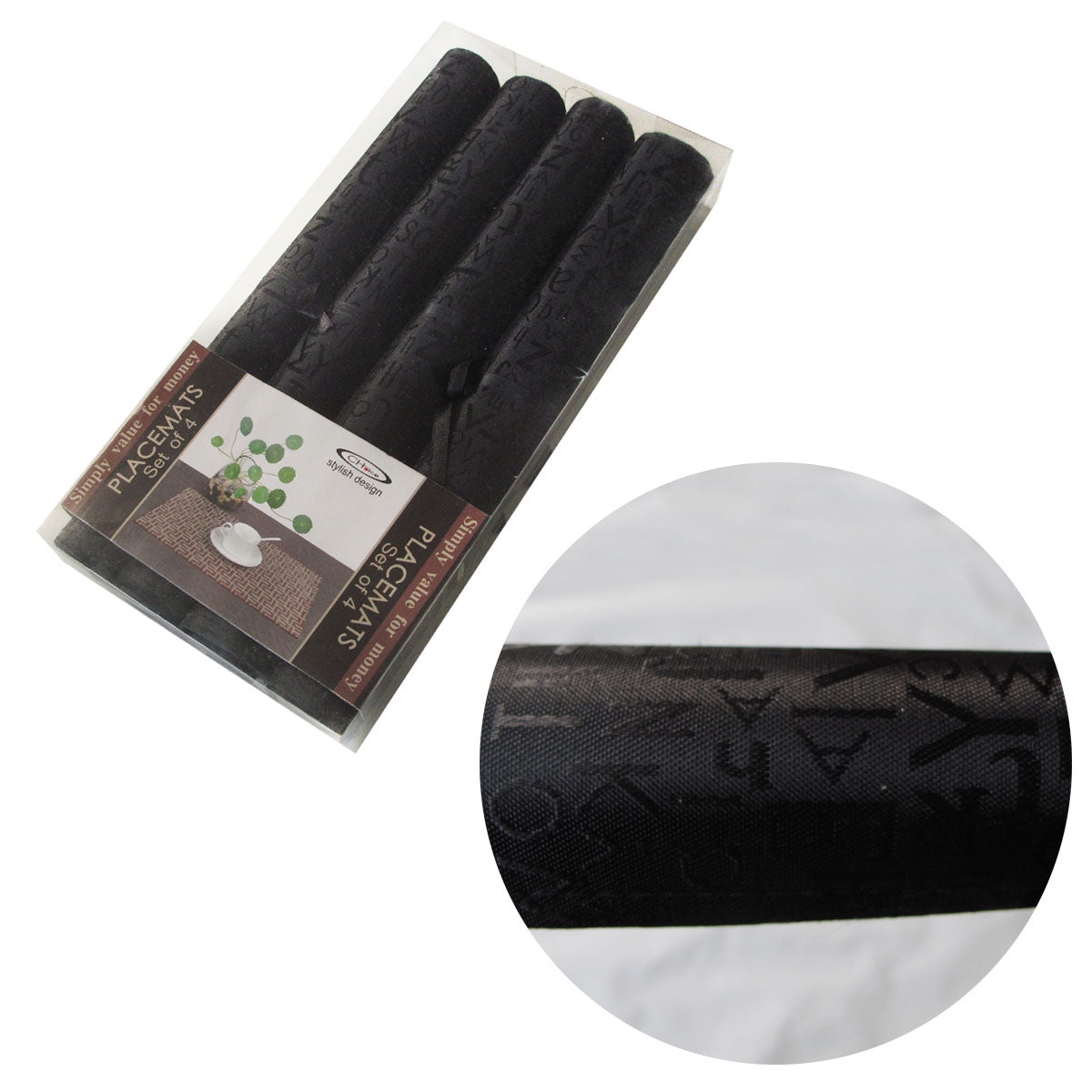 Set of 4 Jacquard Satin Letters Table Placemats Black 30 x 45cm V442-ABR-TABLEPLACEMAT-LETTER-BLACK-RE