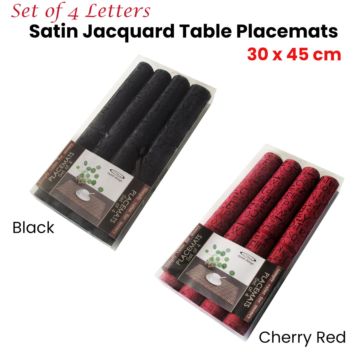Set of 4 Jacquard Satin Letters Table Placemats Black 30 x 45cm V442-ABR-TABLEPLACEMAT-LETTER-BLACK-RE