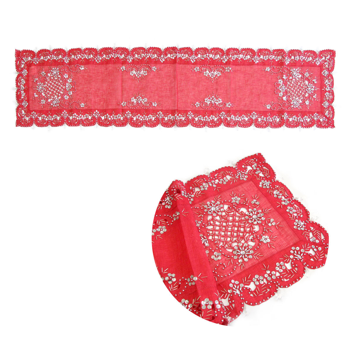 Aurora Beaded Table Runner Diamonte Sequin 40 x 180 cm Red V442-ABR-TABLER-AURORA180CM-RED-RE