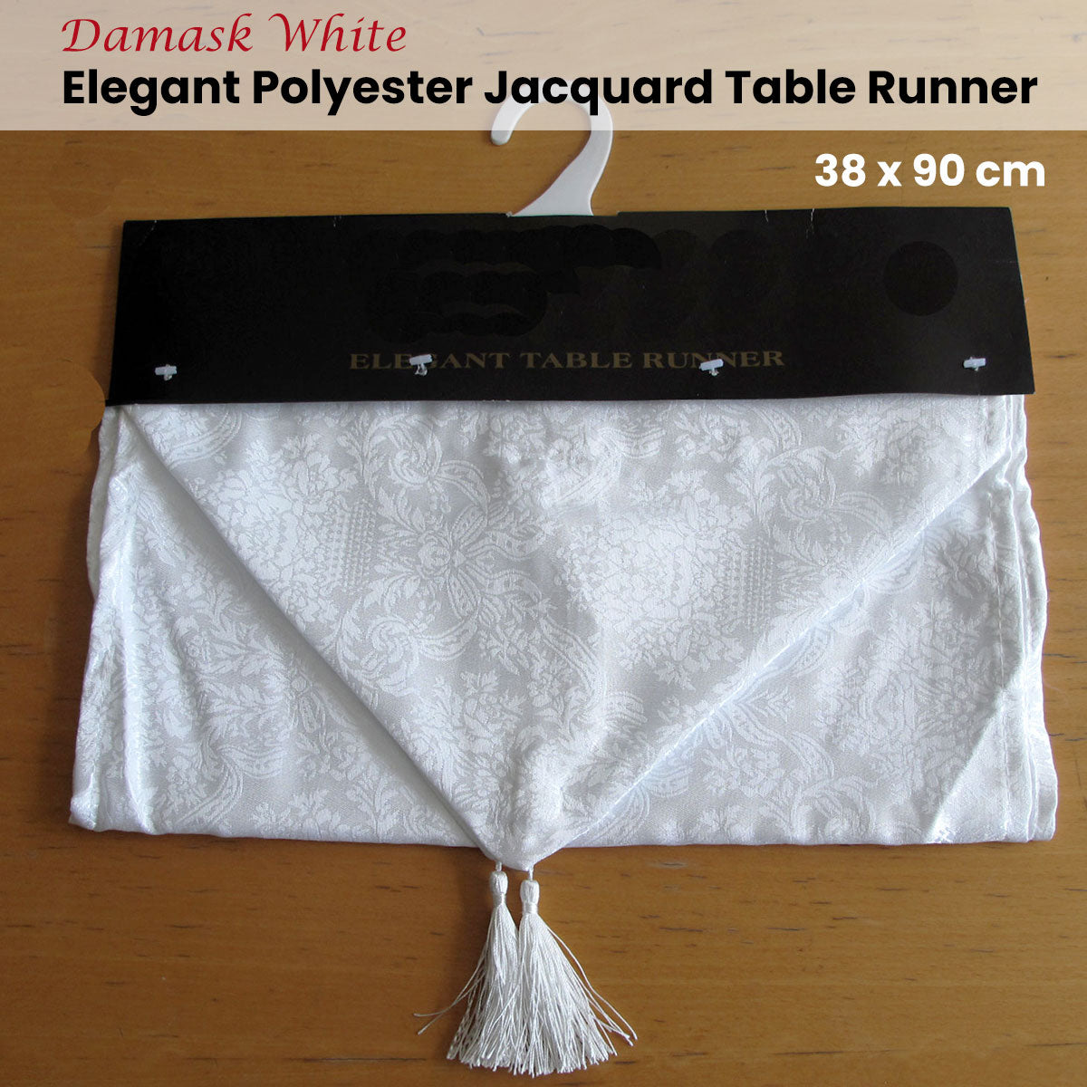 Damask White Elegant Polyester Jacquard Table Runner 38 x 90 cm V442-ABR-TABLER-DAMASK90CM-WHITE-RE