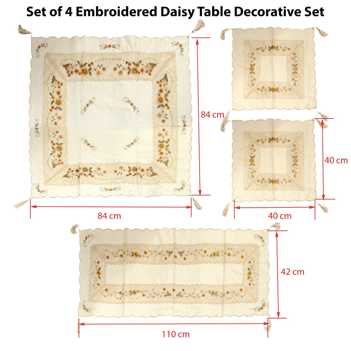 Set of 4 Embroidered Daisy Table Decorative Set V442-ABR-TABLER-SETOF4DAISY-CREAM-RE