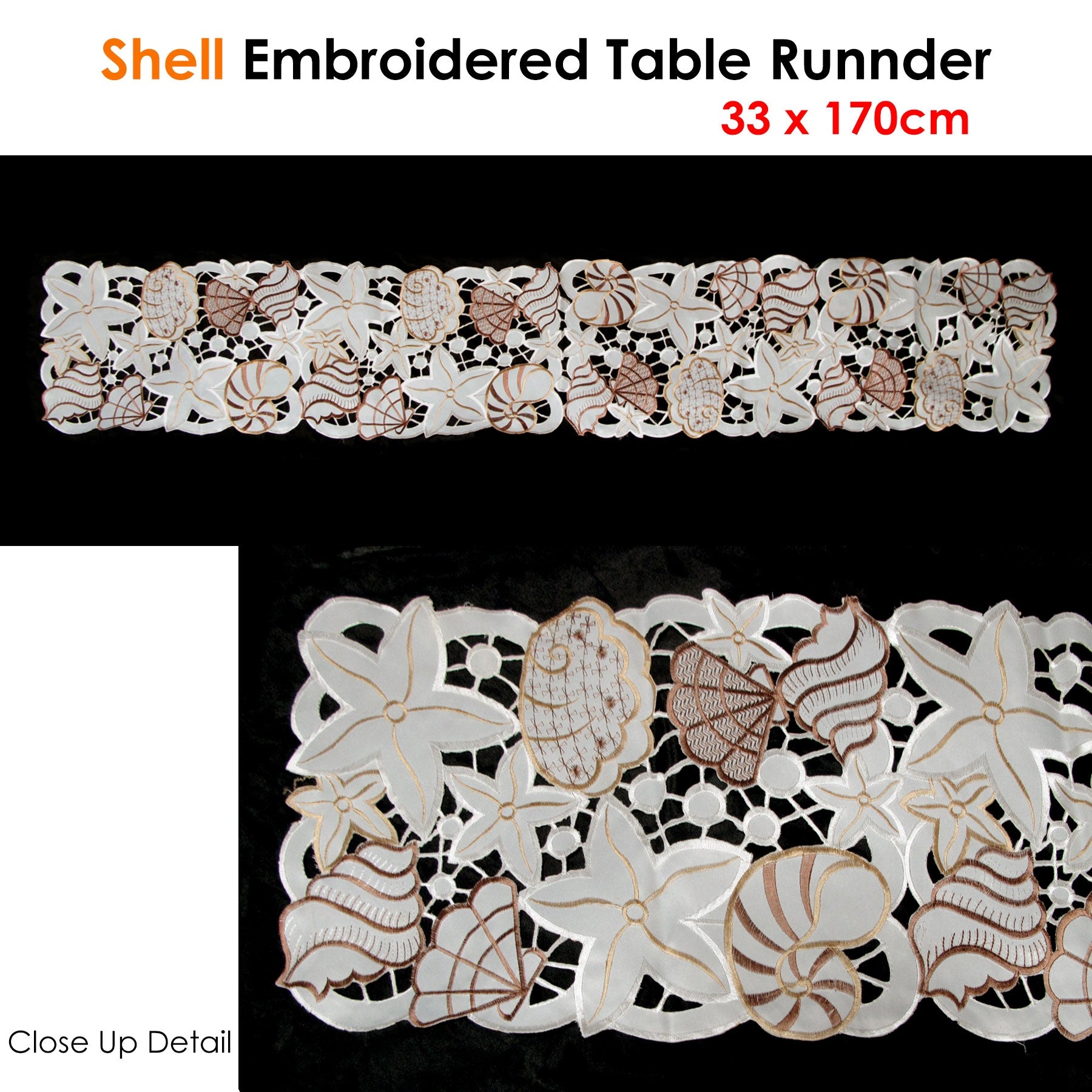 Shell Embroidered Table Runner 33 x 170cm V442-ABR-TABLER-SHELLEMBROIDERED-NATURAL-RE
