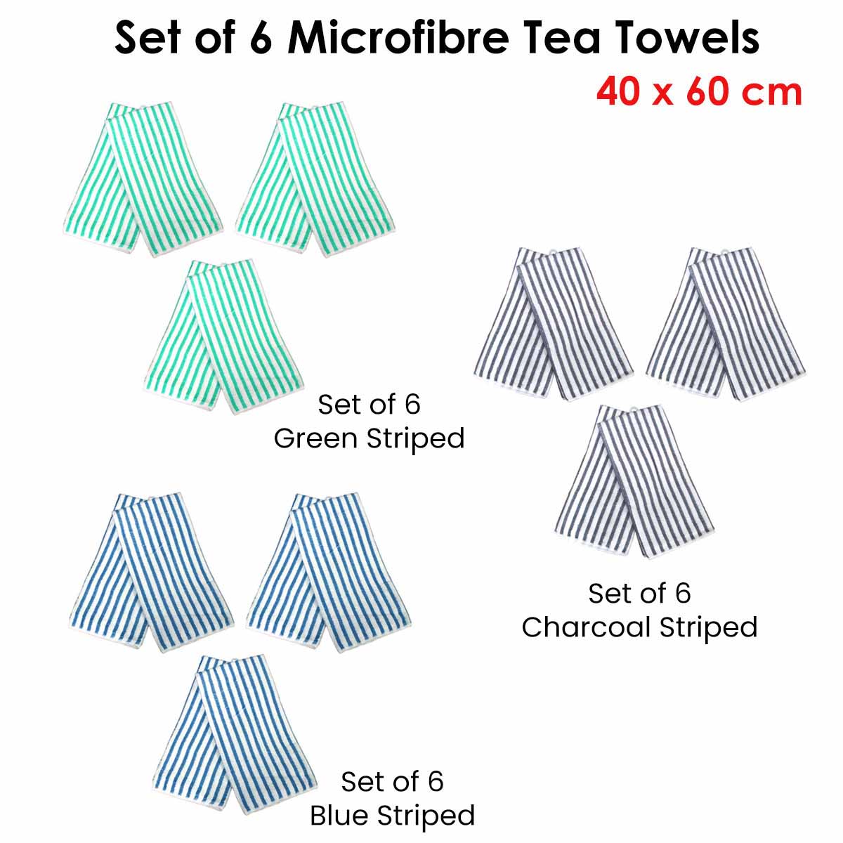 Set of 6 Microfibre Striped Tea Towels 40 x 60 cm Blue V442-ABR-TEAT-MICROFIBRESETOF6-BLUE-RE