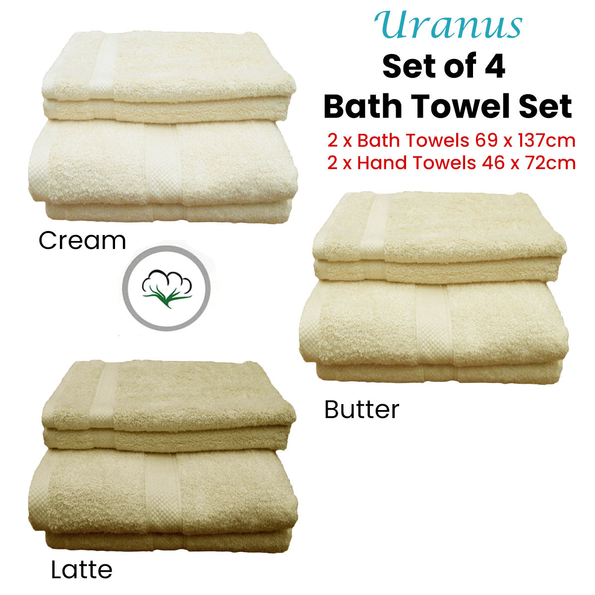Pack of 4 Uranus Cotton Bath Towel Set Butter V442-ABR-TOWEL-PACKOF4URANUS-BUTTER-RE