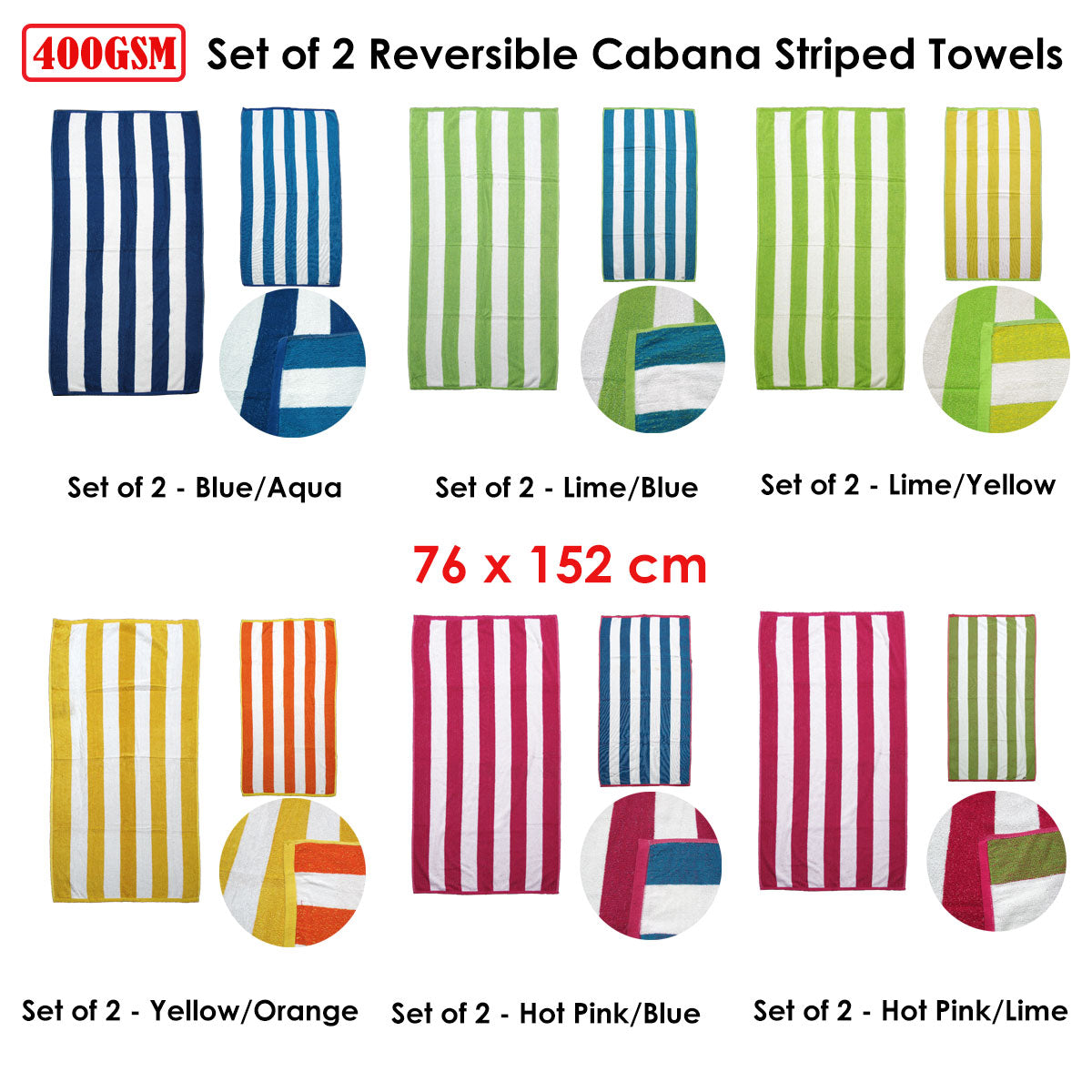 Set of 2 Reversible Cabana Striped Towels Hot Pink/Lime V442-ABR-TOWEL-SETOF2CABANA-PINKLIME-RE