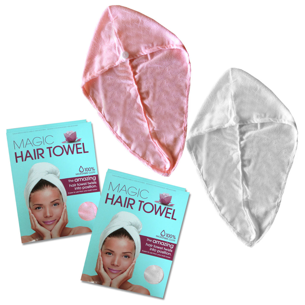 Set of 2 Magic Quick Dry Microfibre Hair Dryer Towels Pink + White V442-ABR-TOWEL-SETOF2HAIRDRY-PINKWHITE-SH