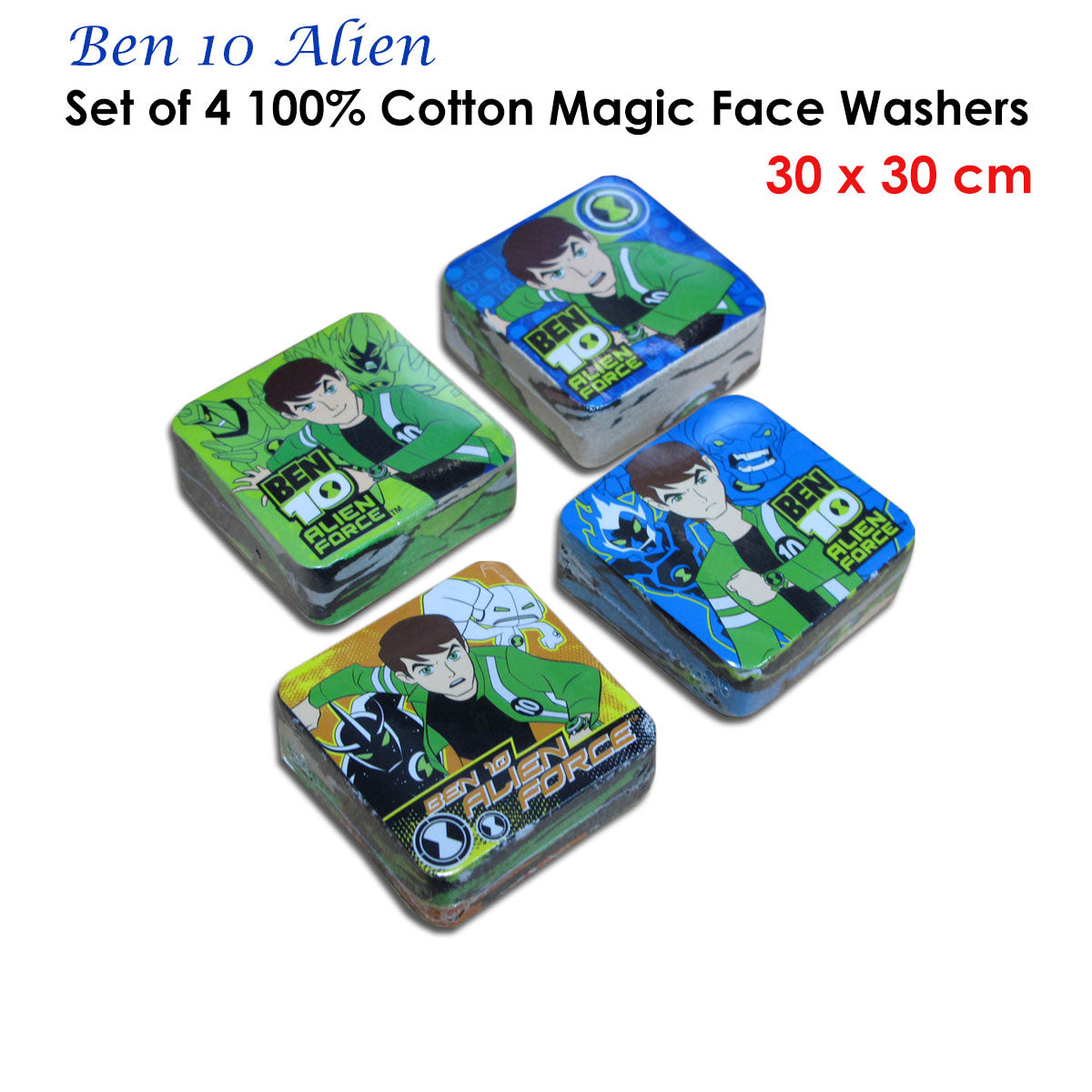 Set of 4 Ben 10 Alien Magic 100% Cotton Face Washers V442-ABR-TOWEL-SETOF4BEN10FACE-MULTI-SQ