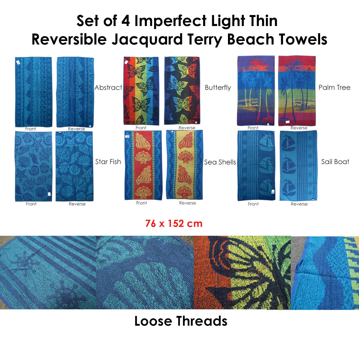Set of 4 Imperfect Jacquard Terry Beach Towels Star Fish V442-ABR-TOWEL-STARFISH-BLUE-RE
