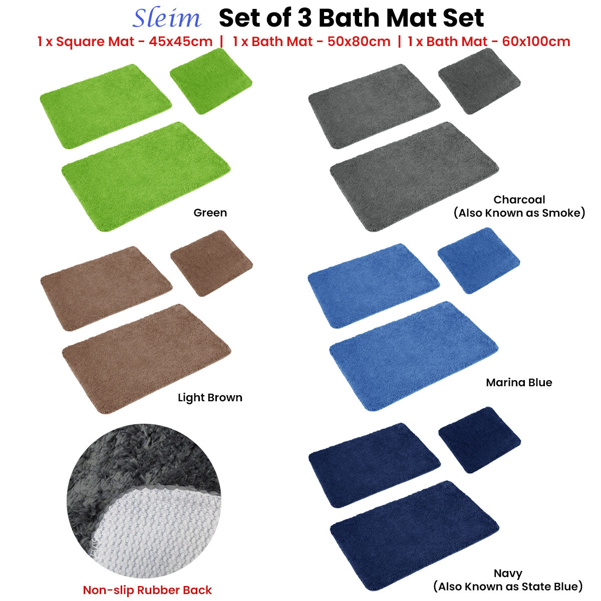 Sleim Set of 3 Bath Mat Set Green V442-ATX-BATHM-3PCESLEIM-GREEN-SH