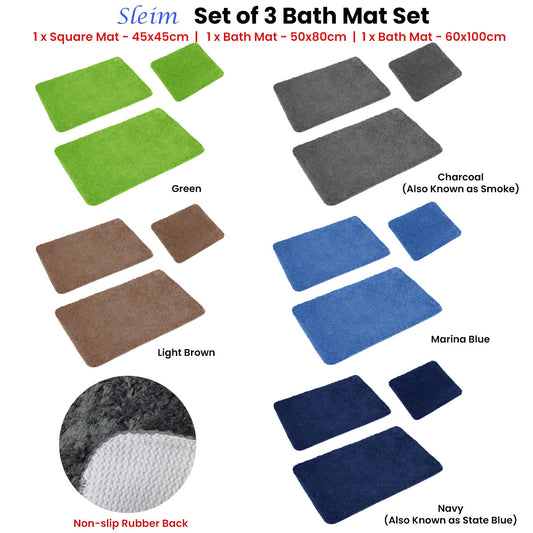 Sleim Set of 3 Bath Mat Set Green V442-ATX-BATHM-3PCESLEIM-GREEN-SH